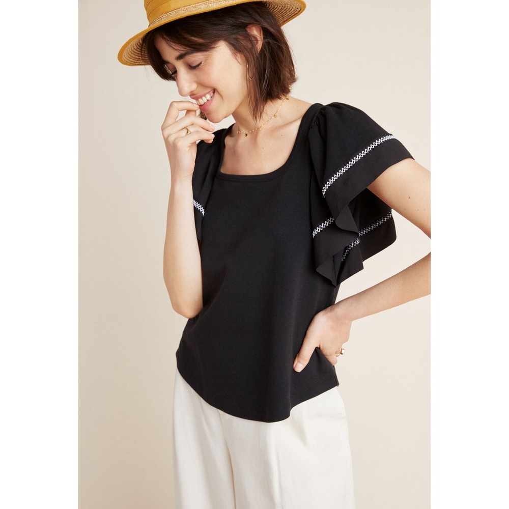 Maeve Anthropologie Black Flutter Sleeve Embroidered Sherman top